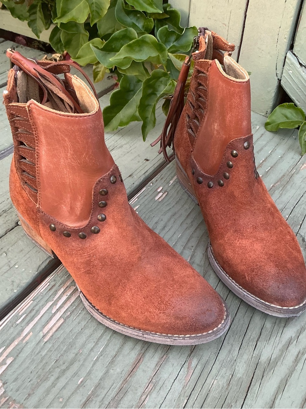Circle G Rustic Leather Studded Fringe Western Distressed Booties ByCorral